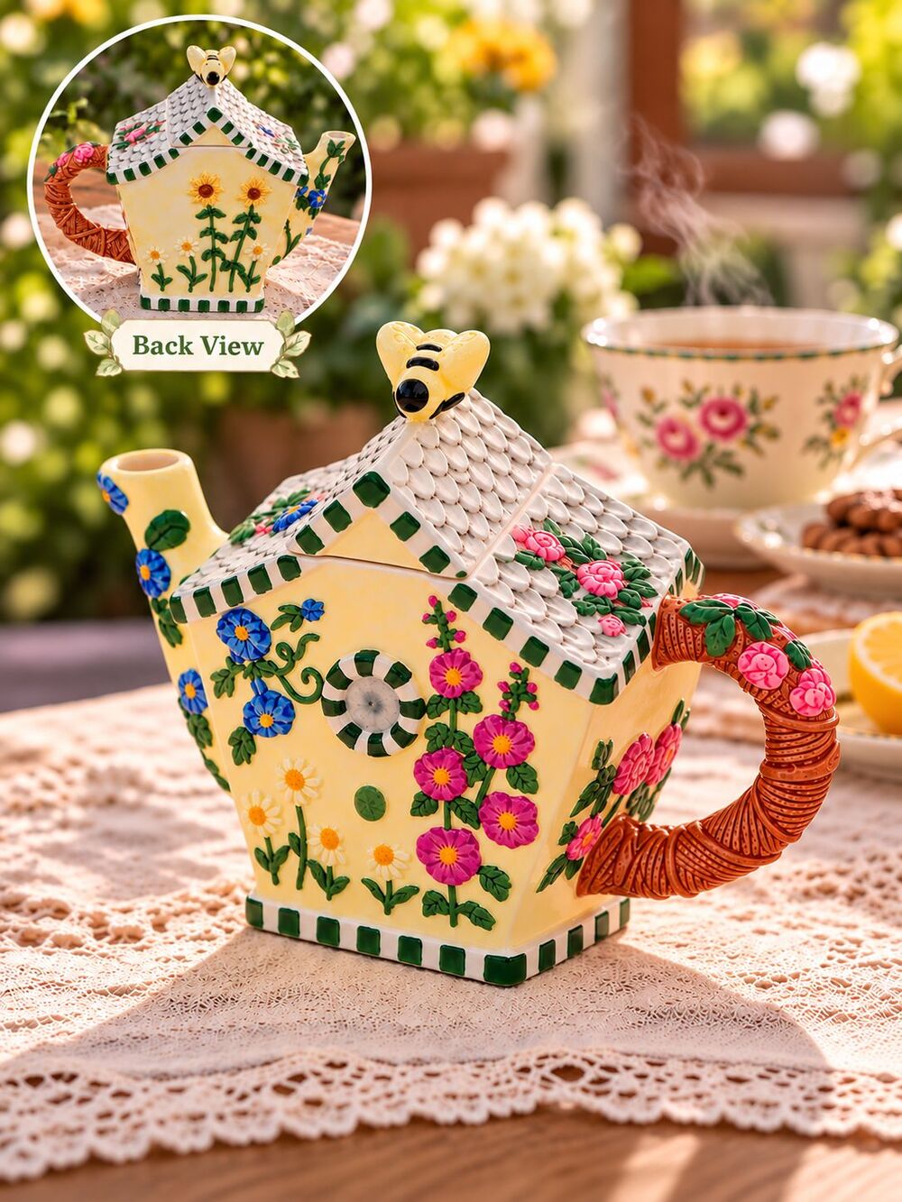 H. BeaugArt Designs Balloons Cottage House Teapot Bee Floral Ceramic 3 Cups